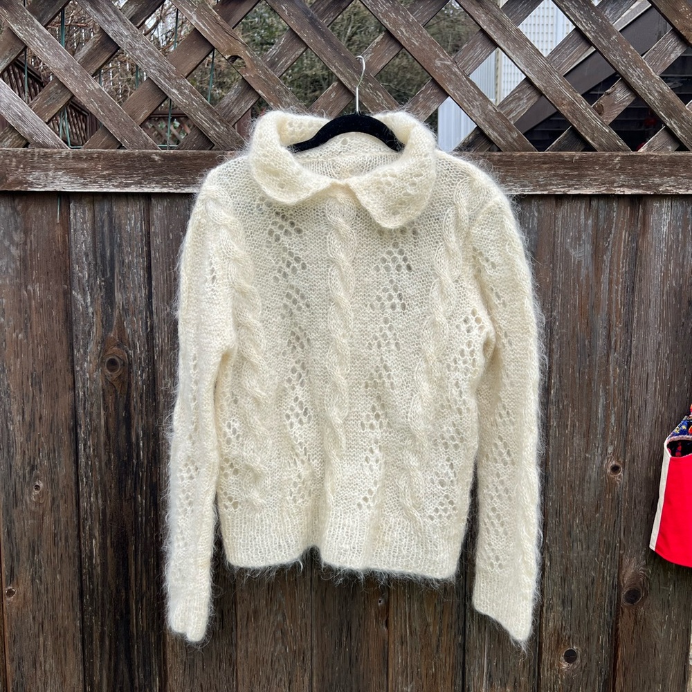 Cozy Cream Cable Knit Sweater Pure Wool Mohair Wool Hand Knit size S/M